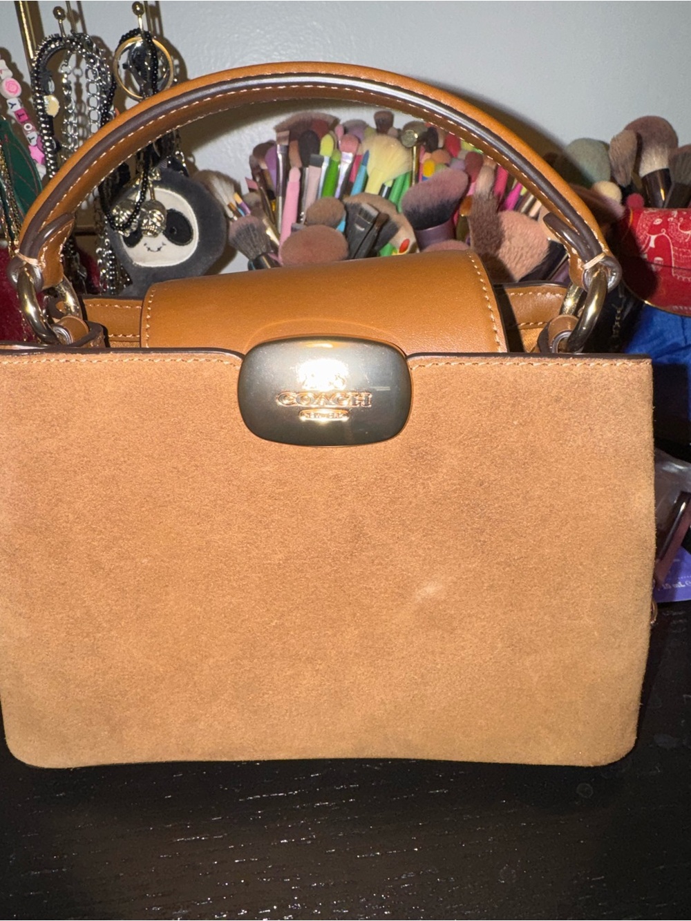 Coach Eliza Mini Carryall bag in tan suede with gold-tone hardware
